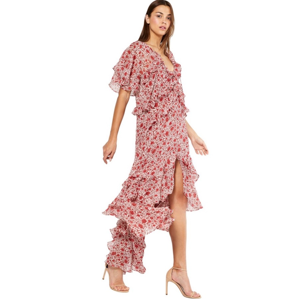 MISA Los Angeles Red Katerina Maxi Dress Size M Floral Ruffle